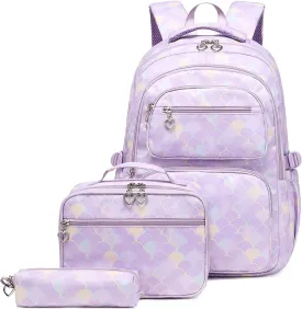 3Pcs Kids Backpack Set for Girls with Matching Lunch Bag, Girls School Bag Backpack for Kids