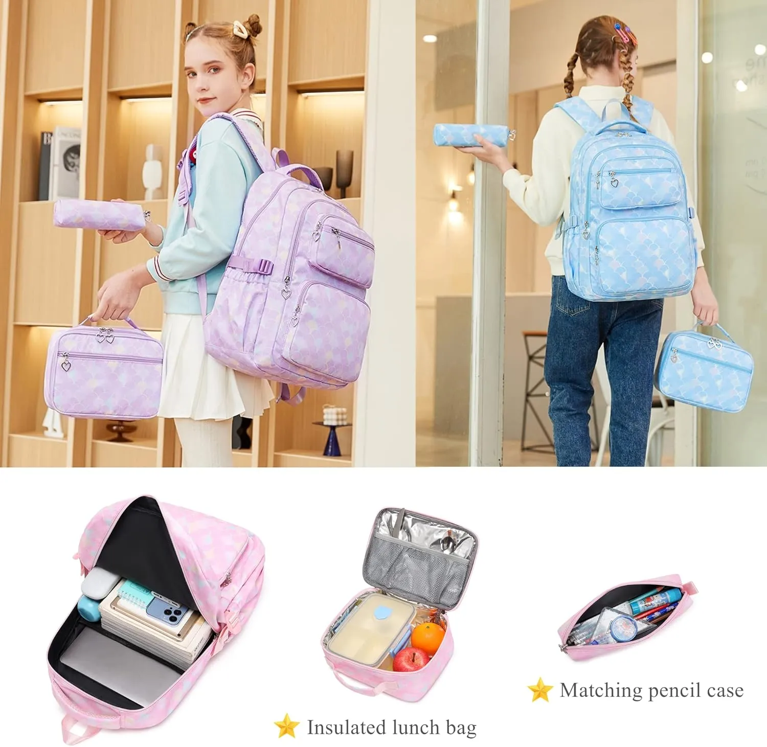3Pcs Kids Backpack Set for Girls with Matching Lunch Bag, Girls School Bag Backpack for Kids