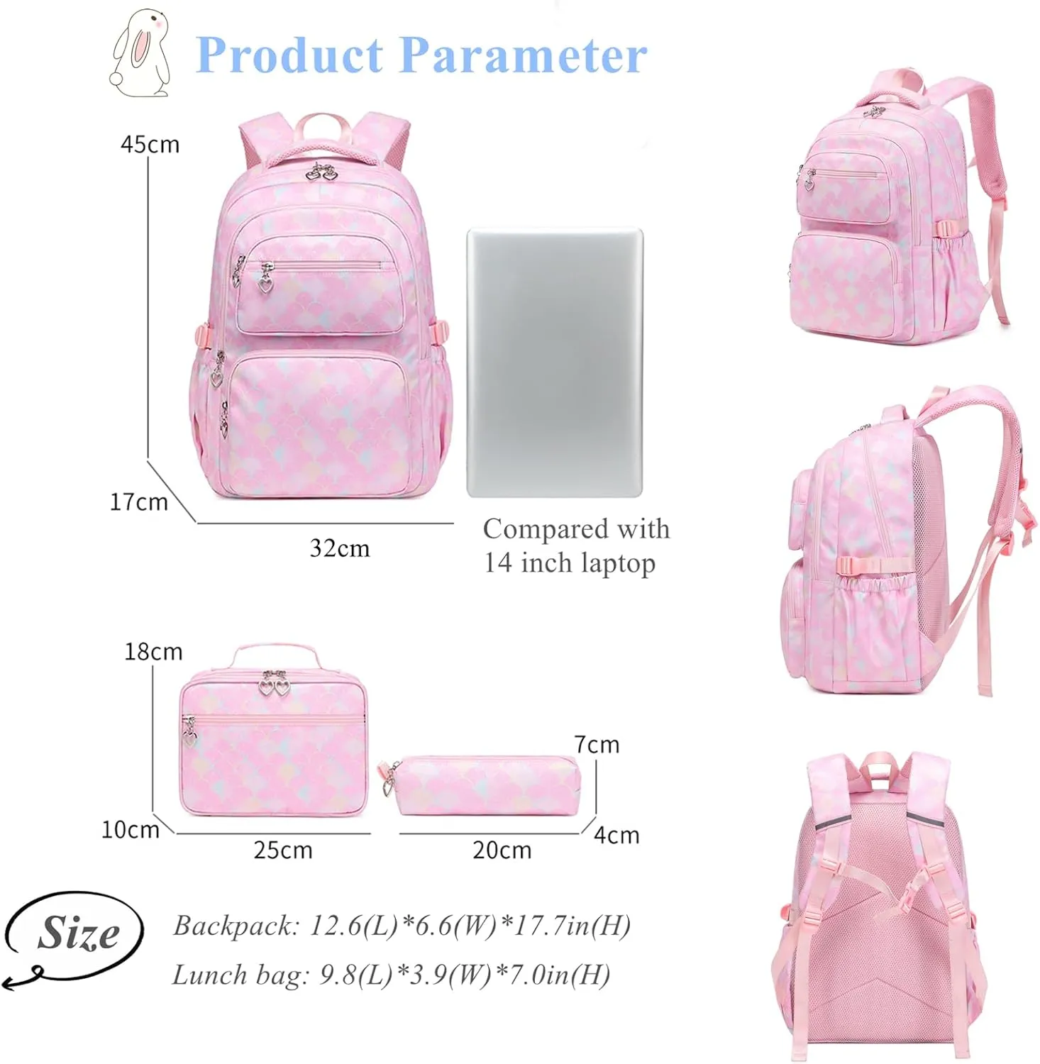 3Pcs Kids Backpack Set for Girls with Matching Lunch Bag, Girls School Bag Backpack for Kids