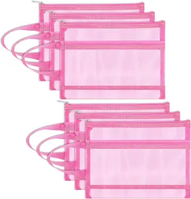 6 Pack Mesh Zipper Pouch Bags, Double Layer Nylon Pouch with Handle for Office Travel Organization (Pink, A5)