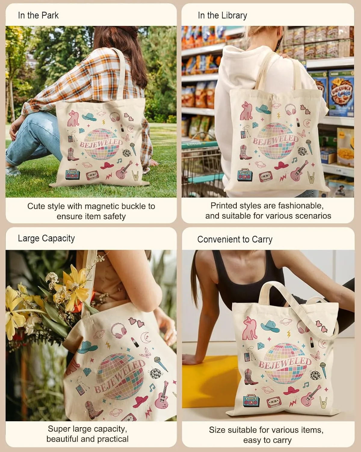 Aesthetic Tote Bag - with Magnetic Buckle and Zipper Inner Pocket for Women Lady Cloth Cotton Tote Bag
