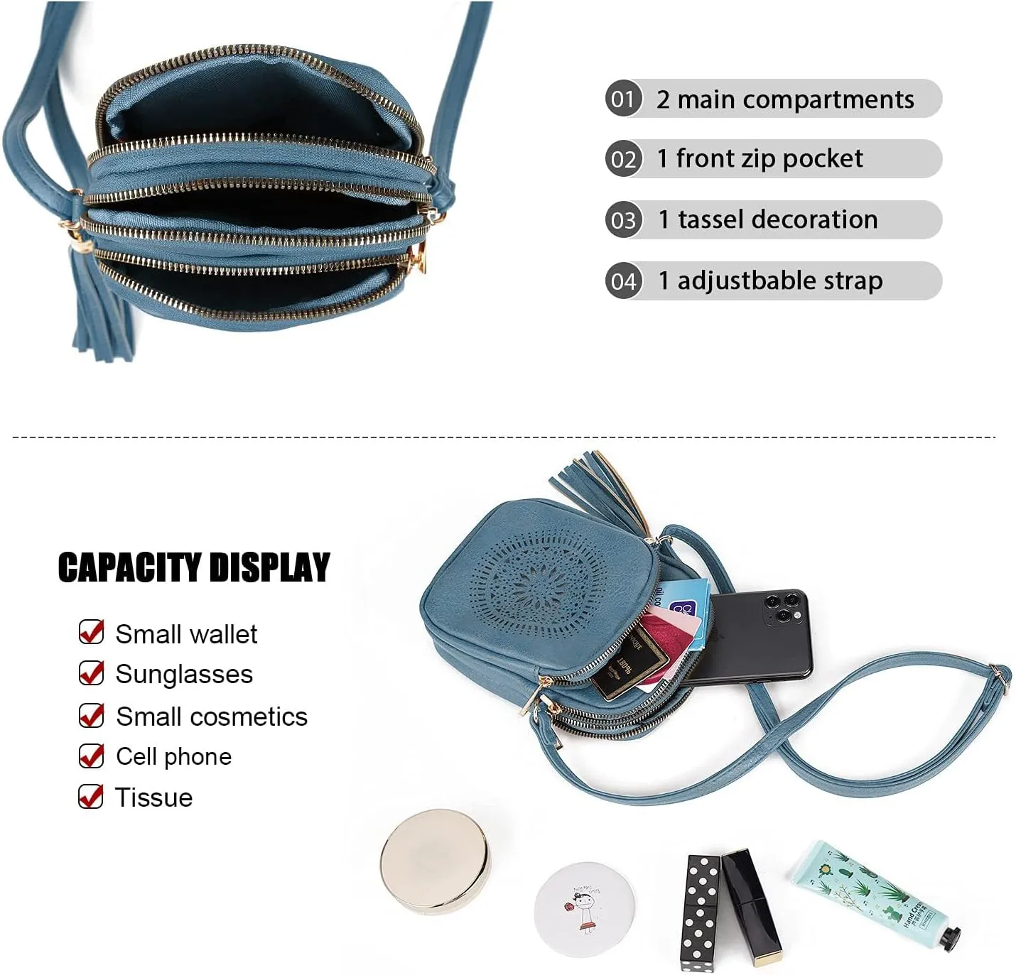 AFKOMST Small Crossbody Bag and Boho Cell Phone Purse for Women,Faux Leather Shoulder Handbag with Tassel,Triple Zip