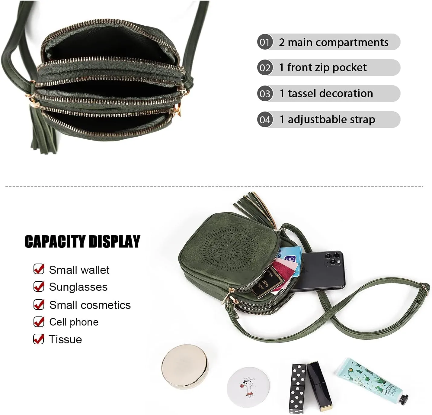 AFKOMST Small Crossbody Bag and Boho Cell Phone Purse for Women,Faux Leather Shoulder Handbag with Tassel,Triple Zip