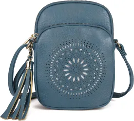 AFKOMST Small Crossbody Bag and Boho Cell Phone Purse for Women,Faux Leather Shoulder Handbag with Tassel,Triple Zip