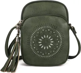 AFKOMST Small Crossbody Bag and Boho Cell Phone Purse for Women,Faux Leather Shoulder Handbag with Tassel,Triple Zip