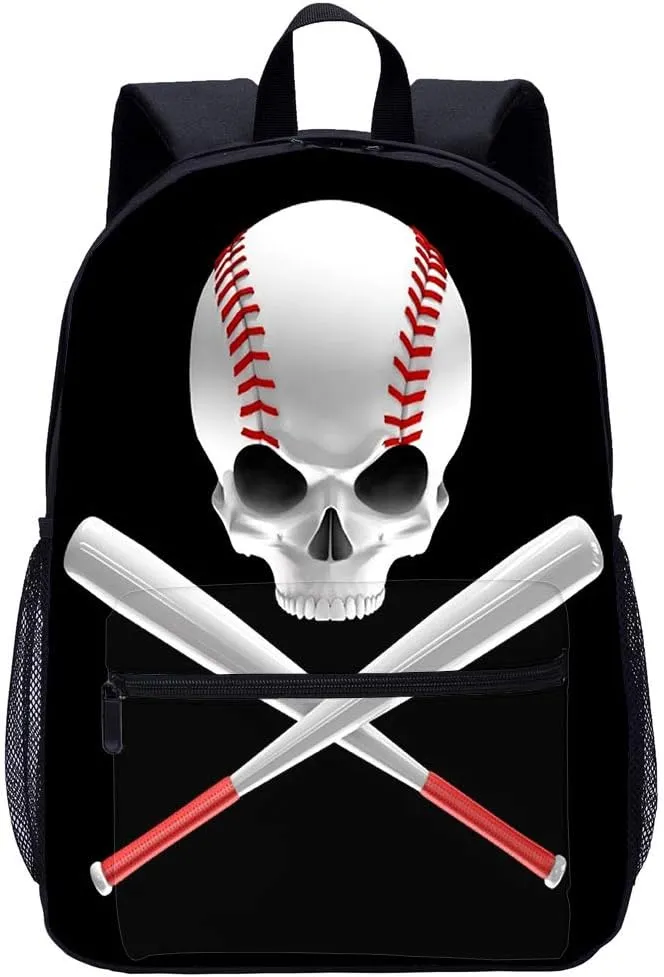 Baseball Skull Backpack Boys Shoulder Bookbag for Unisex Teens 1-5th Grade