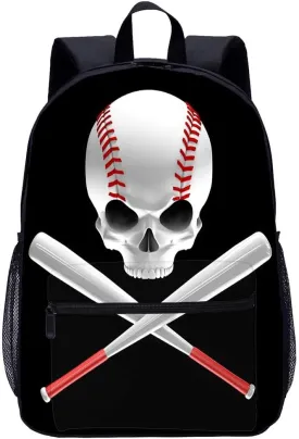 Baseball Skull Backpack Boys Shoulder Bookbag for Unisex Teens 1-5th Grade