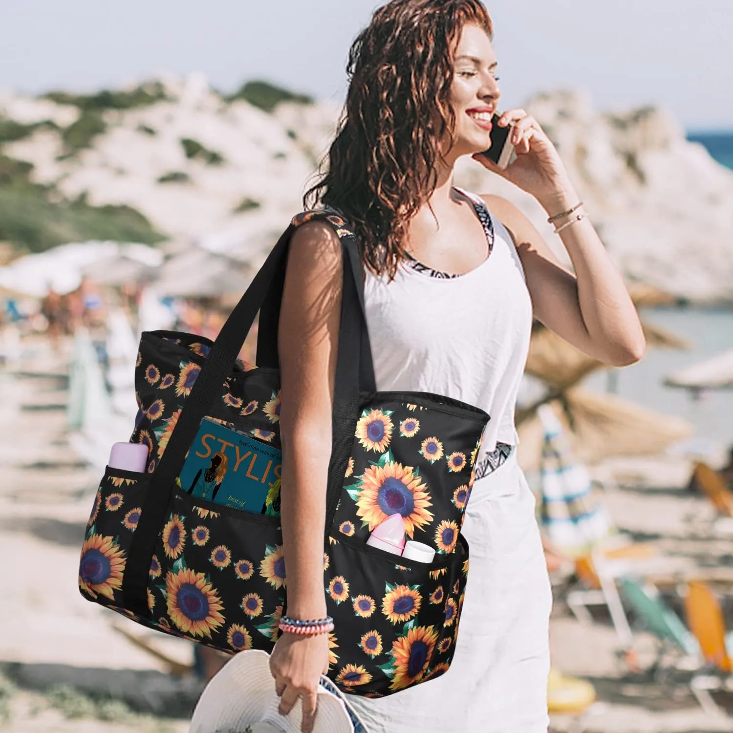 Becokan Beach Bags for Women Large Beach Tote Bag with Zipper Pockets Beach Bag Waterproof Sandproof Travel Nurse Tote Bag