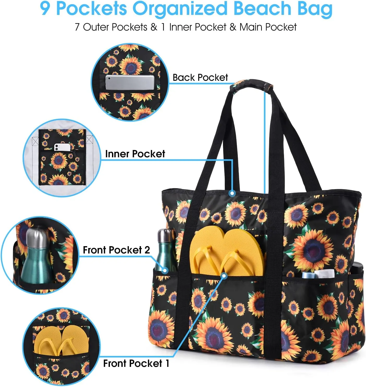 Becokan Beach Bags for Women Large Beach Tote Bag with Zipper Pockets Beach Bag Waterproof Sandproof Travel Nurse Tote Bag