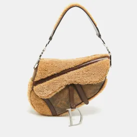 Beige/Brown Shearling and Leather Saddle Bag