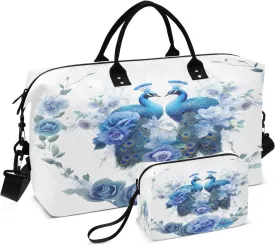 Bird Travel Duffle Gym Bag, Peacock Blue Flower Weekender for Women with Toiletry Bag Travel