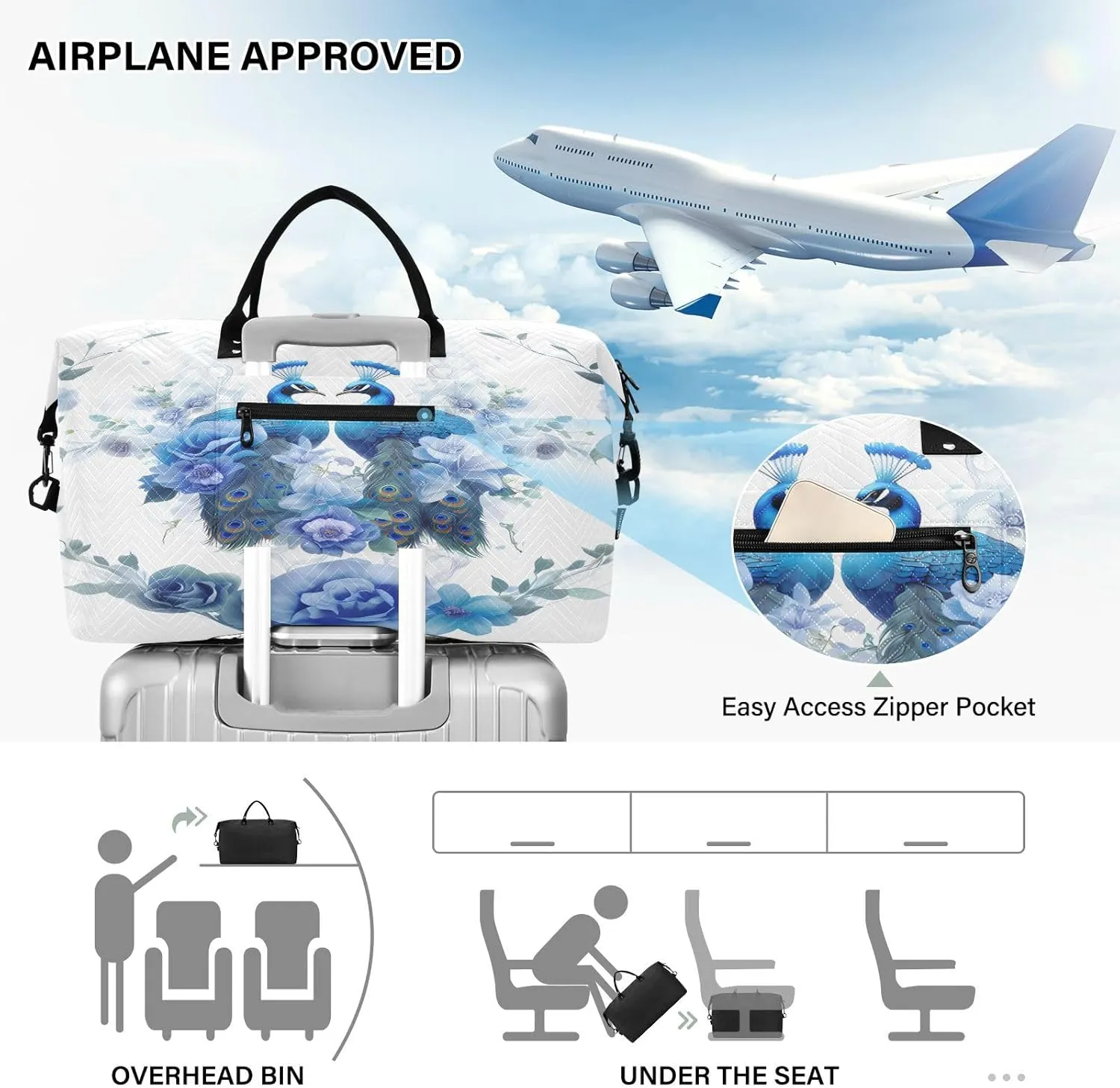 Bird Travel Duffle Gym Bag, Peacock Blue Flower Weekender for Women with Toiletry Bag Travel