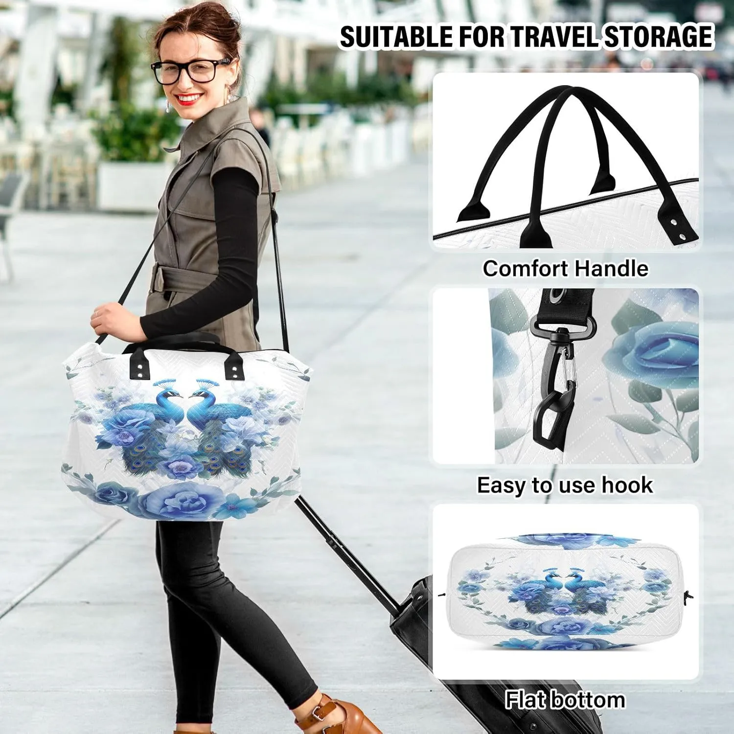 Bird Travel Duffle Gym Bag, Peacock Blue Flower Weekender for Women with Toiletry Bag Travel