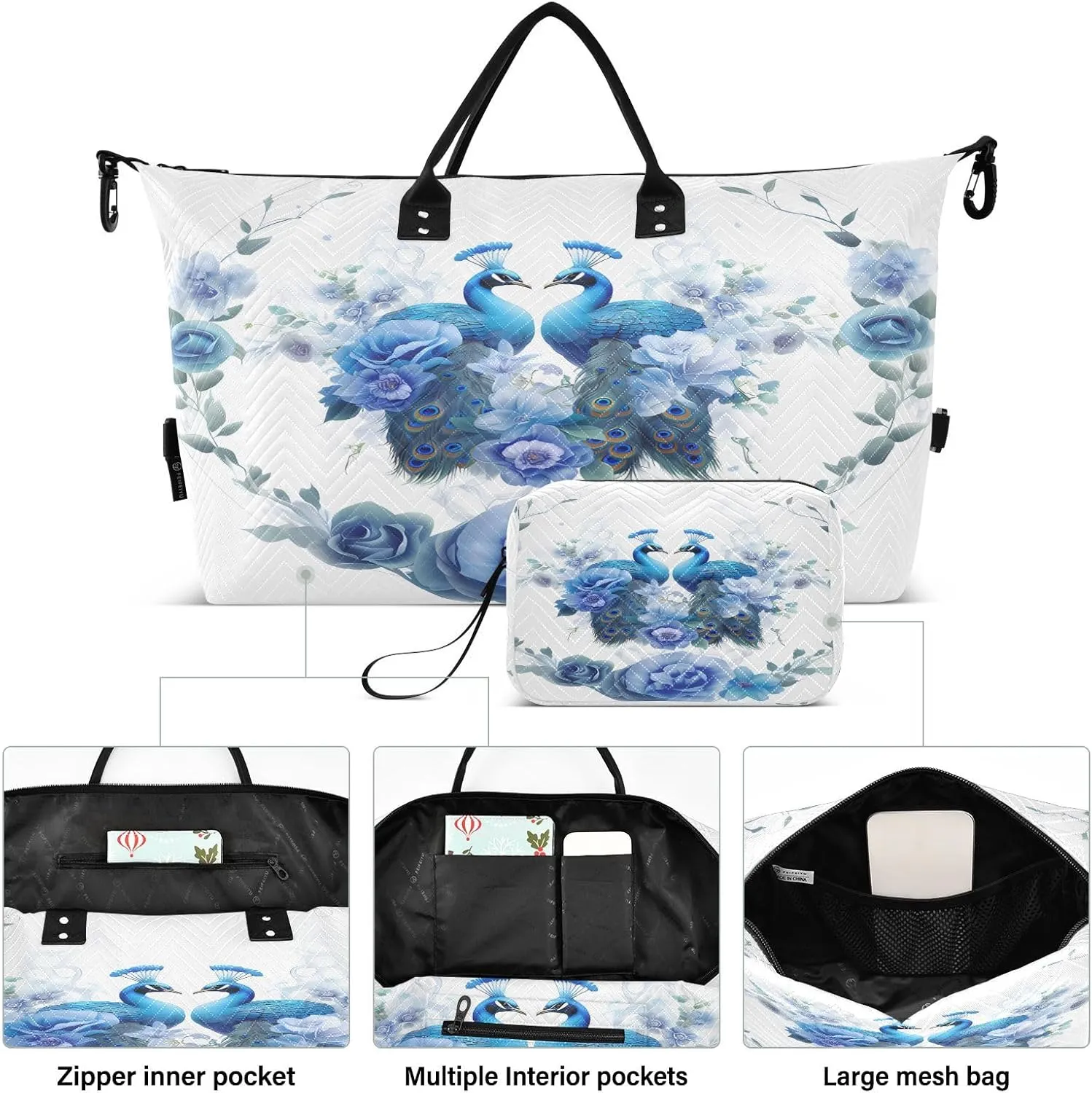 Bird Travel Duffle Gym Bag, Peacock Blue Flower Weekender for Women with Toiletry Bag Travel