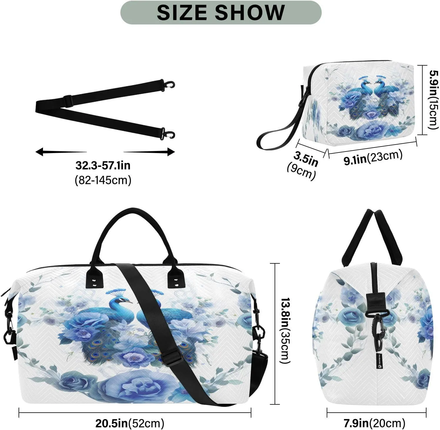 Bird Travel Duffle Gym Bag, Peacock Blue Flower Weekender for Women with Toiletry Bag Travel