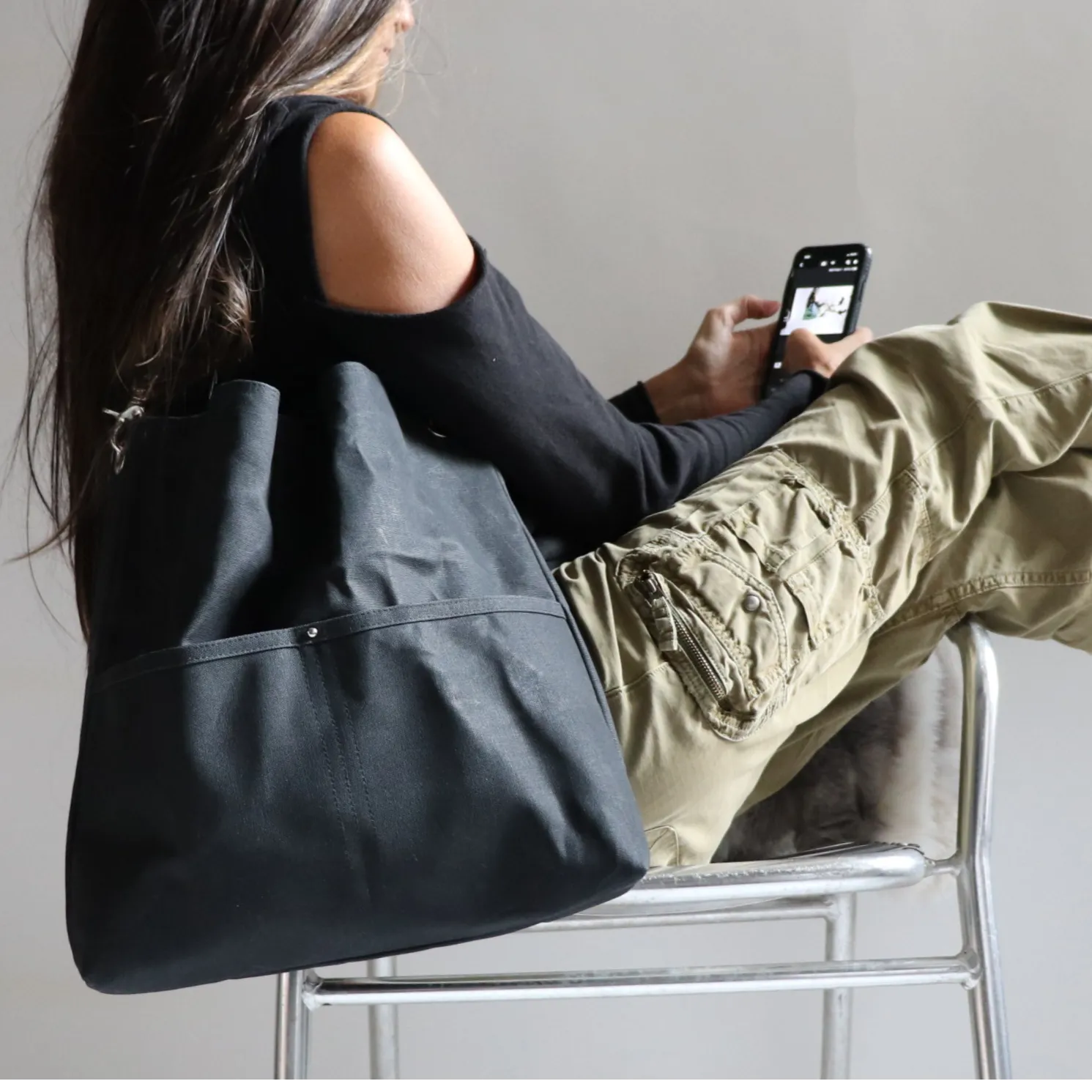 Black Waxed Canvas Shoulder Bag