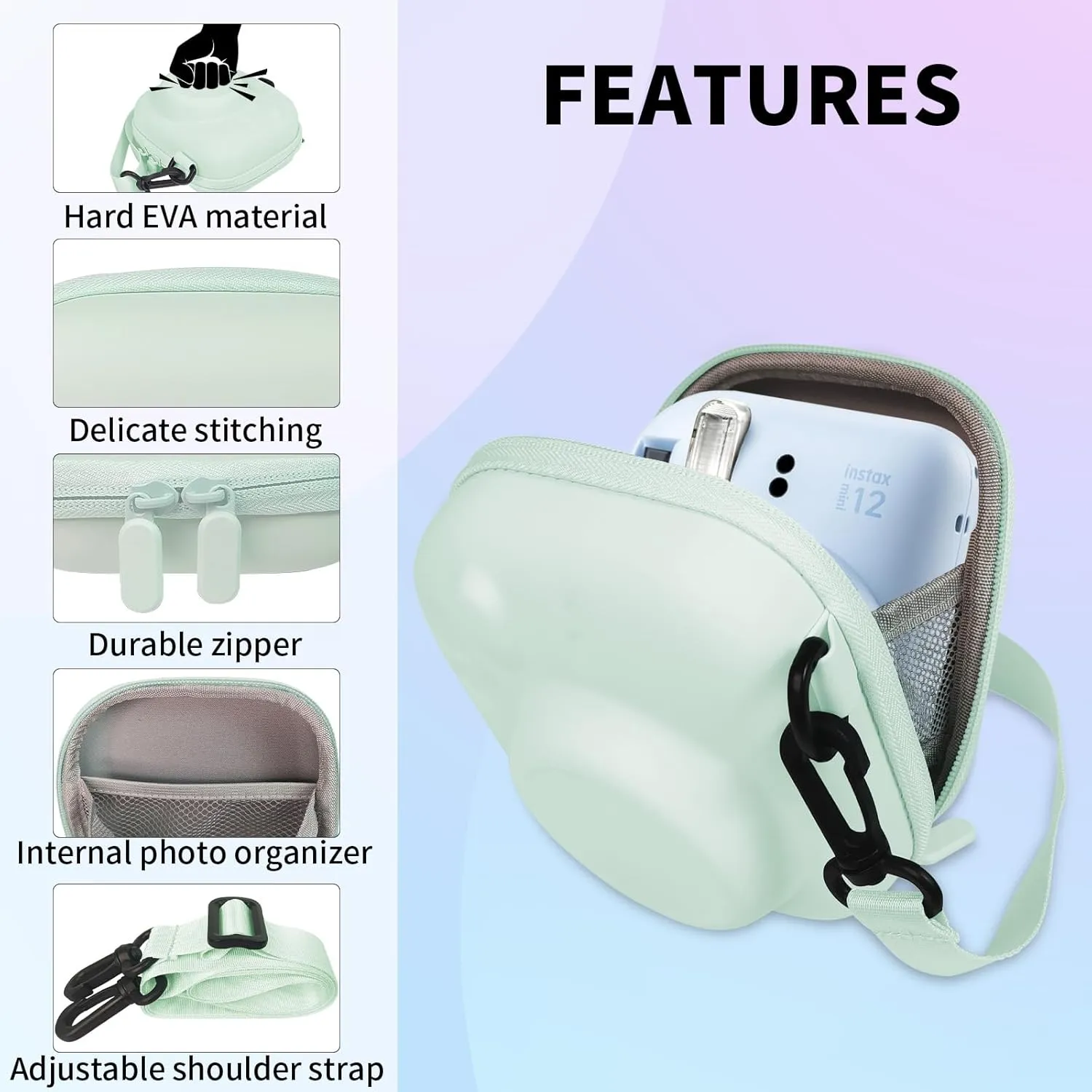 Camera Protective Case for Instax Mini Camera, Hard Carrying Case EVA Storage Protective Bag with Shoulder Strap for Fuji Mini 99/90/40/EVO/12/11/10/9/8/7  Instant Camera, Green