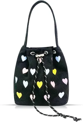 Canvas Tote Bag, Crossbody Bags for Women, Black Heart Embroidery Drawstring Bucket Bag, Cute Handbags, Shoulder Bag Suitable for Vacation, Travel, Daily