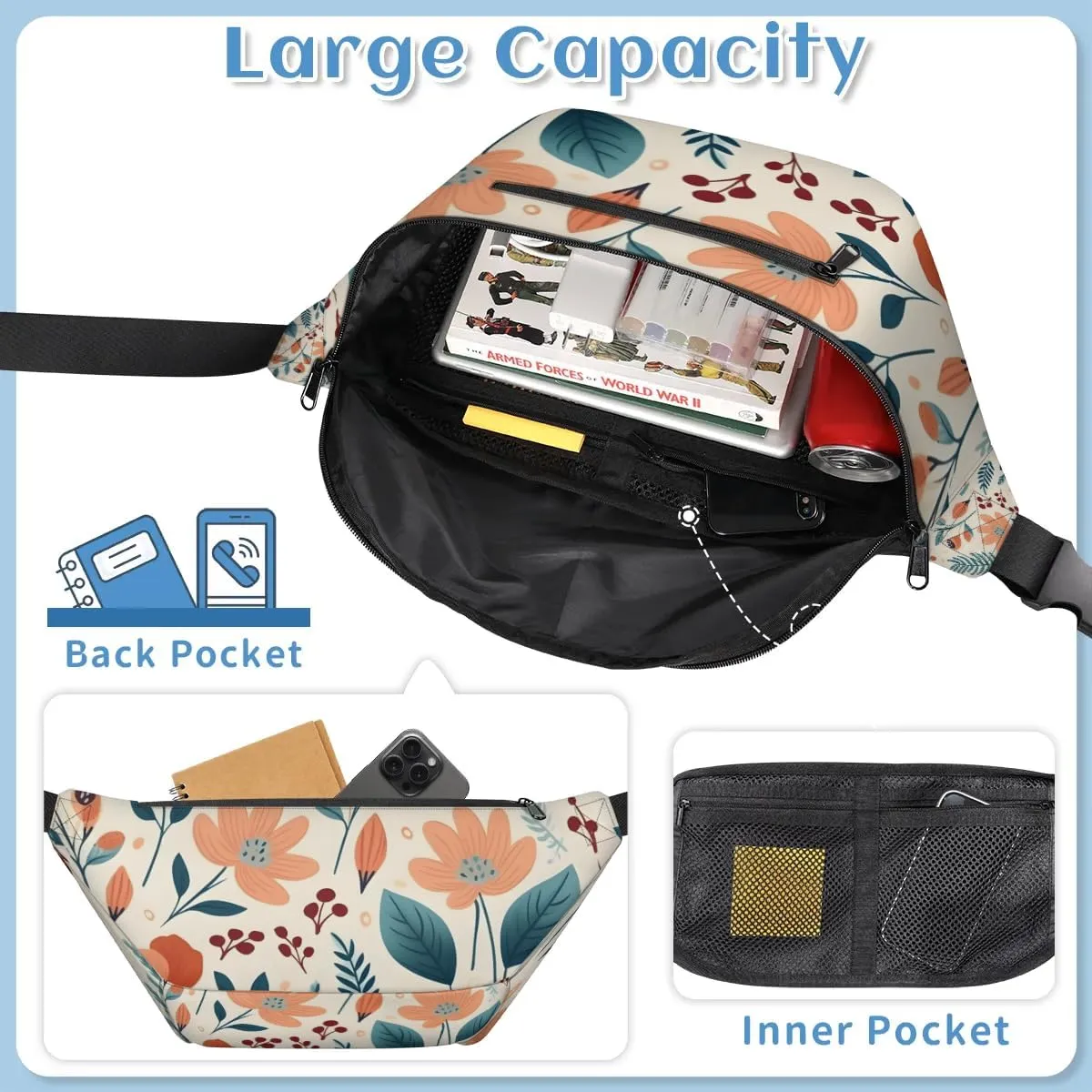 Cartoon Flowers Sling Bag Crossbody Backpack Chest Daypack for Women Sport Travel Hiking Casual Bag Multipurpose Waist Pack With Zipper Closure Adjustable Strap Shoulder Bag