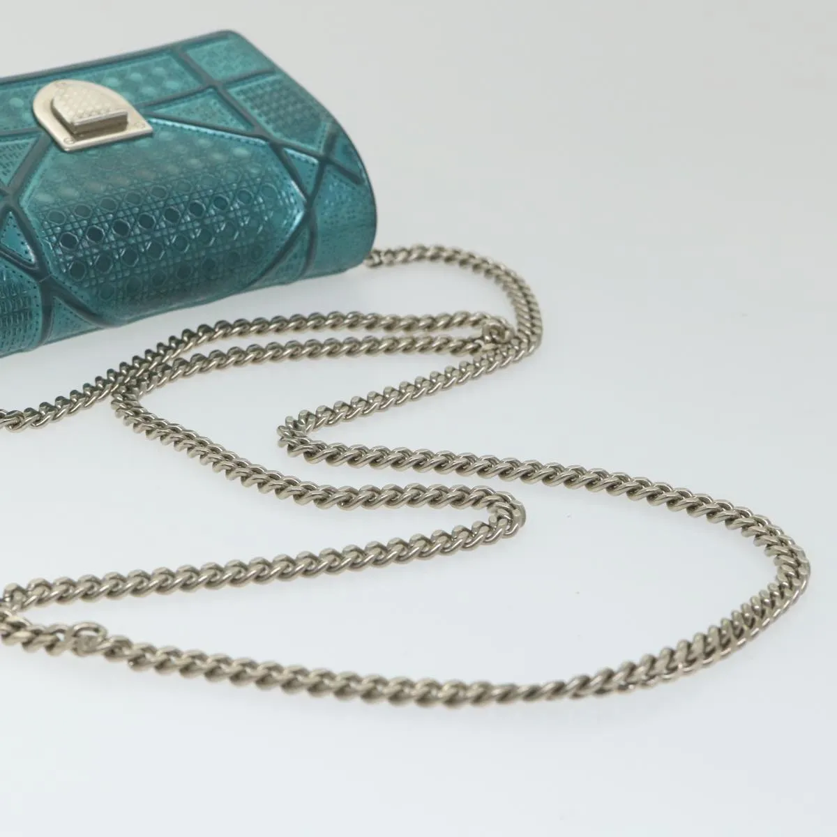 CHRISTIAN DIOR Chain Shoulder Bag Patent leather Light Blue Auth bs9340