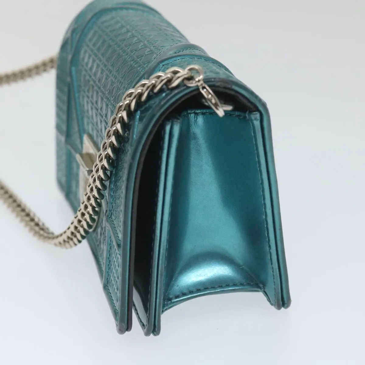 CHRISTIAN DIOR Chain Shoulder Bag Patent leather Light Blue Auth bs9340