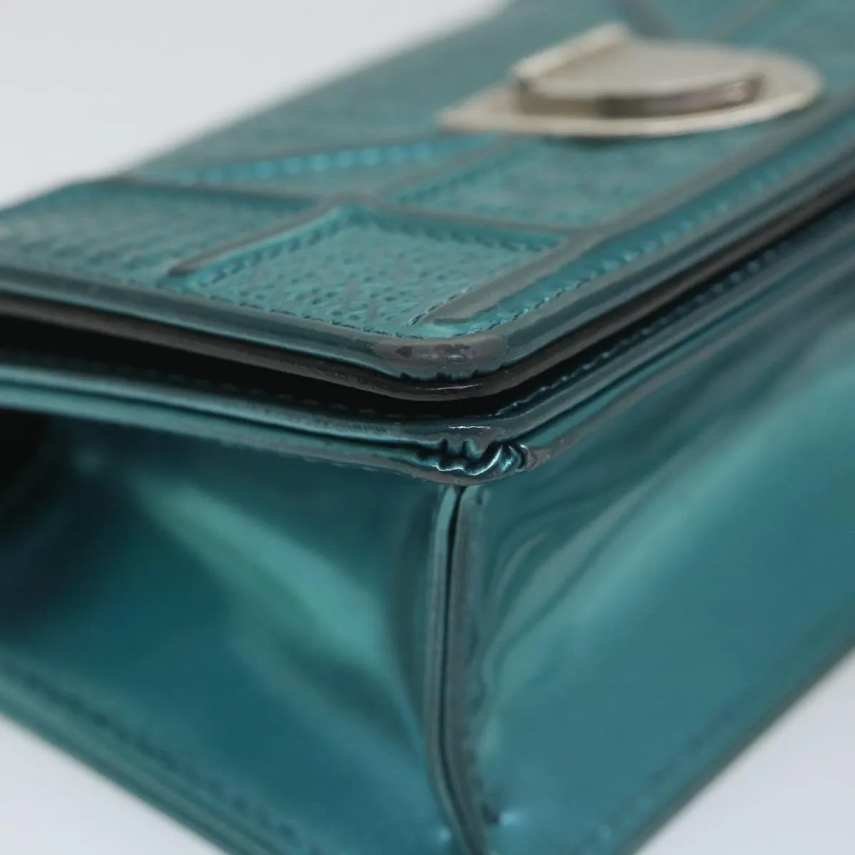 CHRISTIAN DIOR Chain Shoulder Bag Patent leather Light Blue Auth bs9340