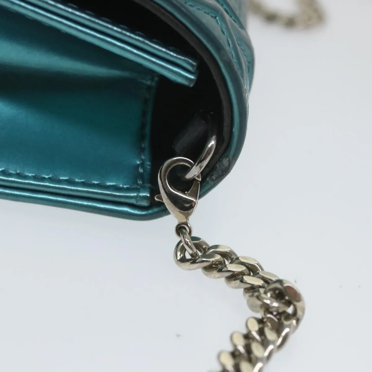 CHRISTIAN DIOR Chain Shoulder Bag Patent leather Light Blue Auth bs9340