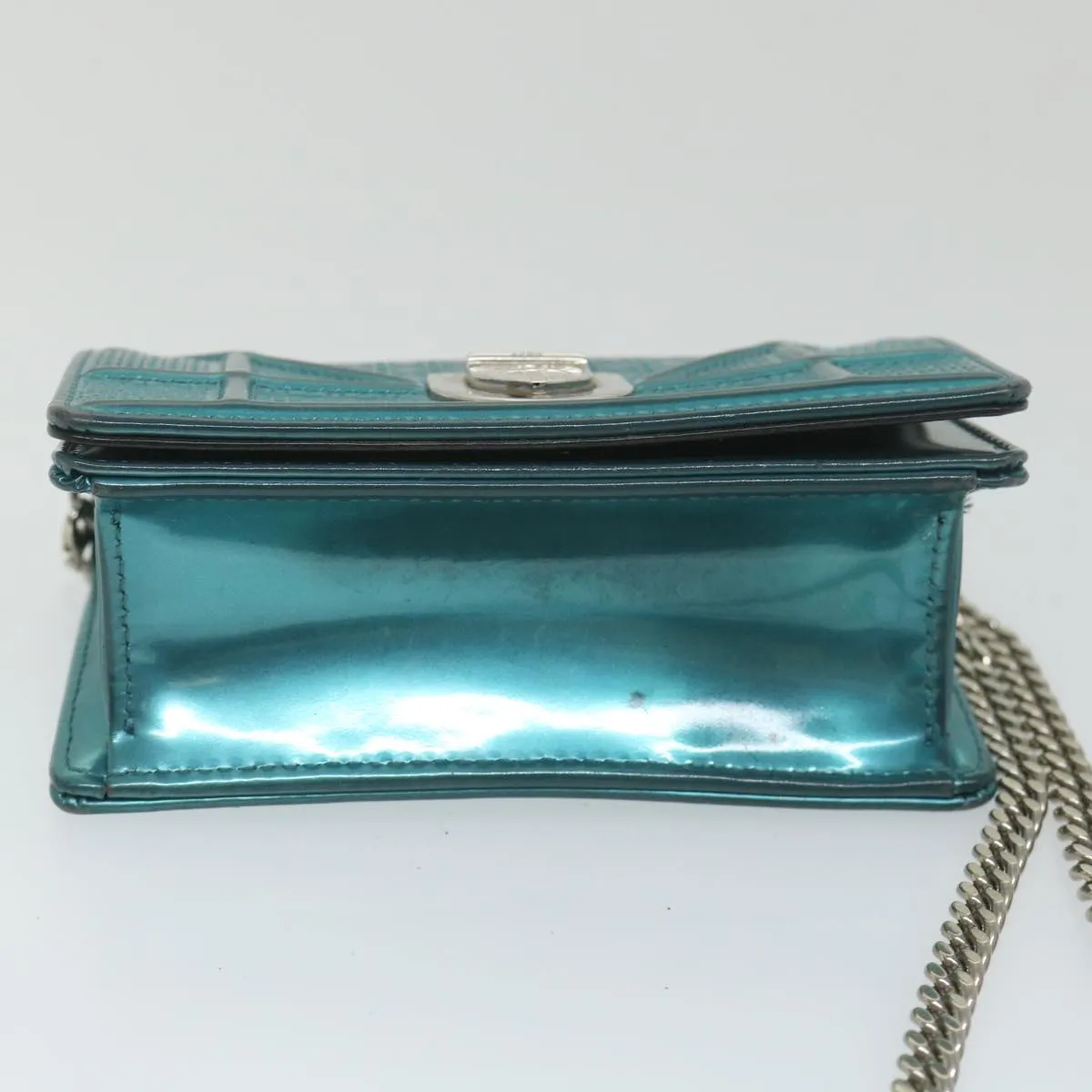 CHRISTIAN DIOR Chain Shoulder Bag Patent leather Light Blue Auth bs9340