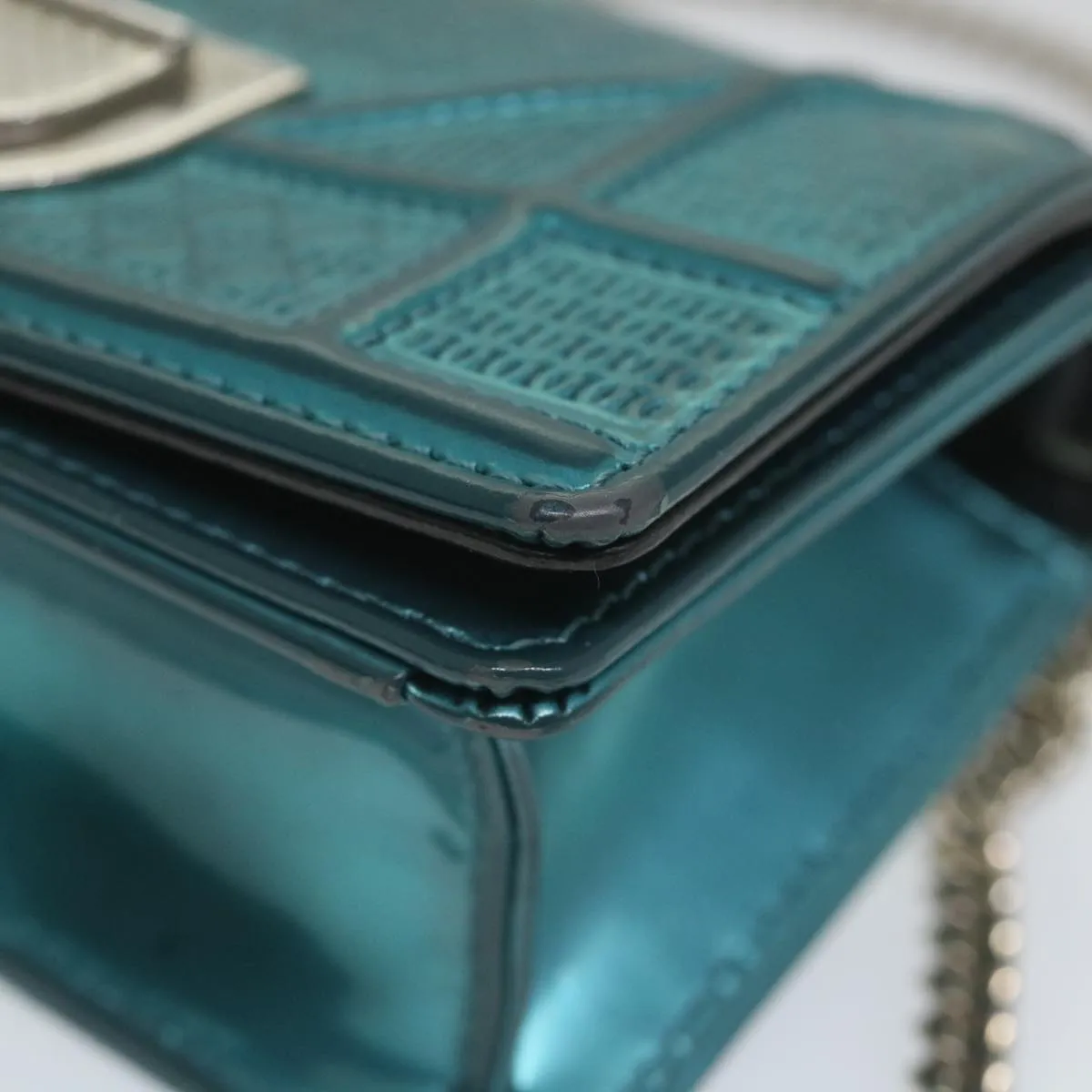 CHRISTIAN DIOR Chain Shoulder Bag Patent leather Light Blue Auth bs9340