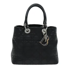 CHRISTIAN DIOR Lady Dior Canage Hand Bag Lamb Skin Black Auth hk1282