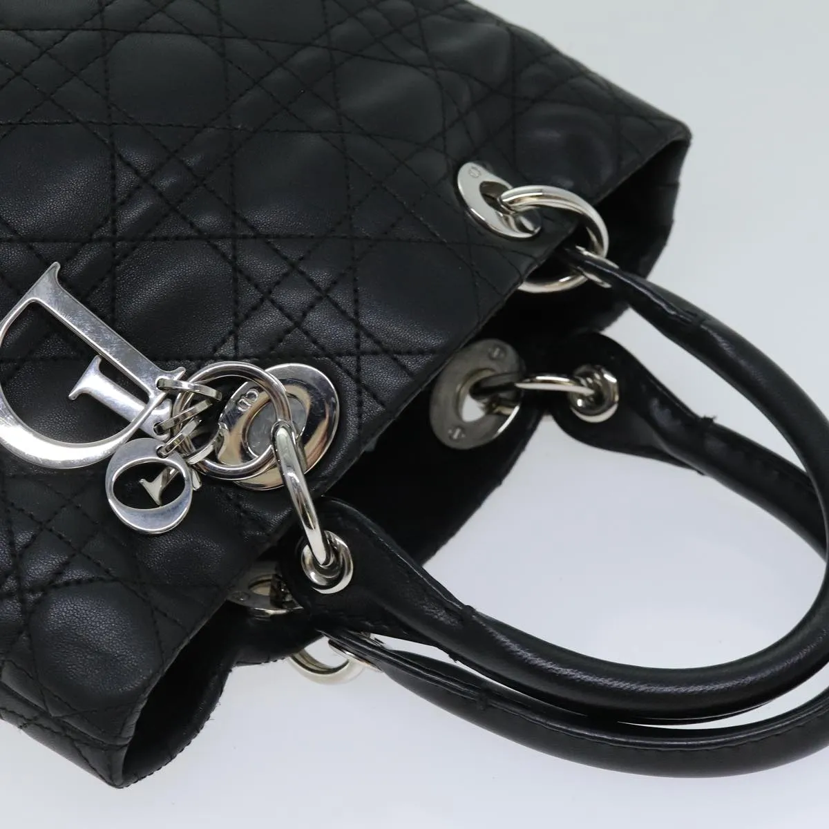 CHRISTIAN DIOR Lady Dior Canage Hand Bag Lamb Skin Black Auth hk1282