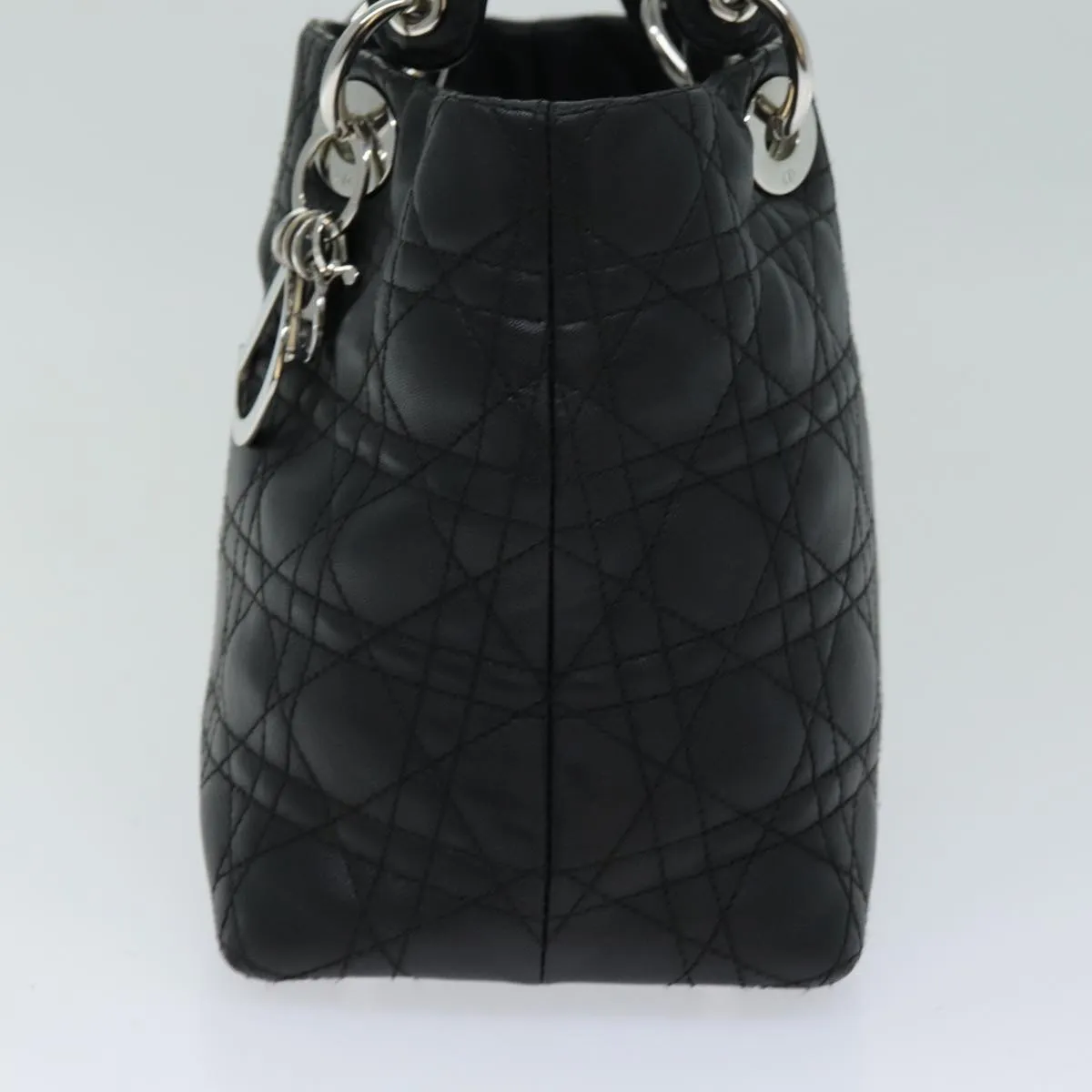 CHRISTIAN DIOR Lady Dior Canage Hand Bag Lamb Skin Black Auth hk1282