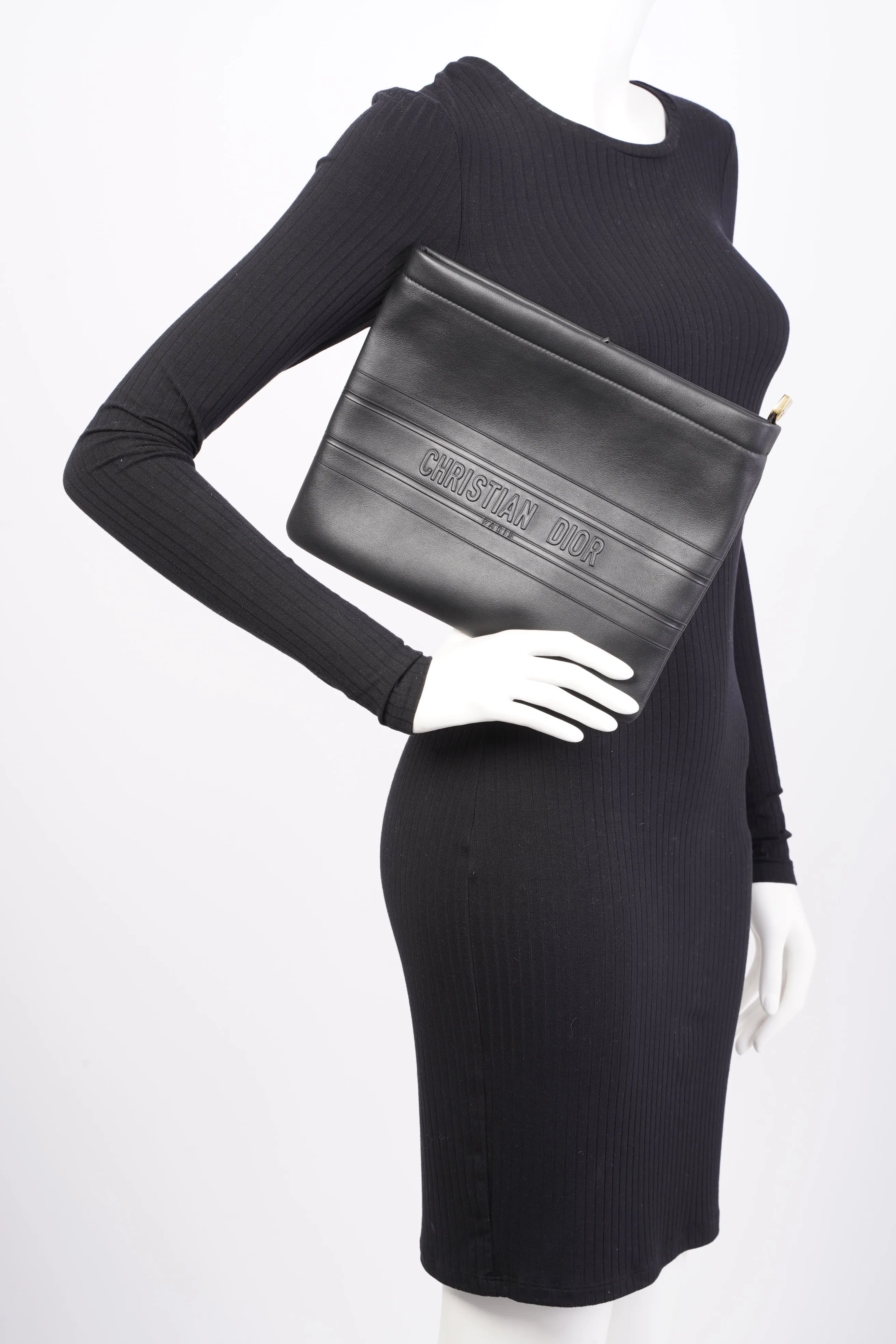 Christian Dior Stripe Pouch Black Leather
