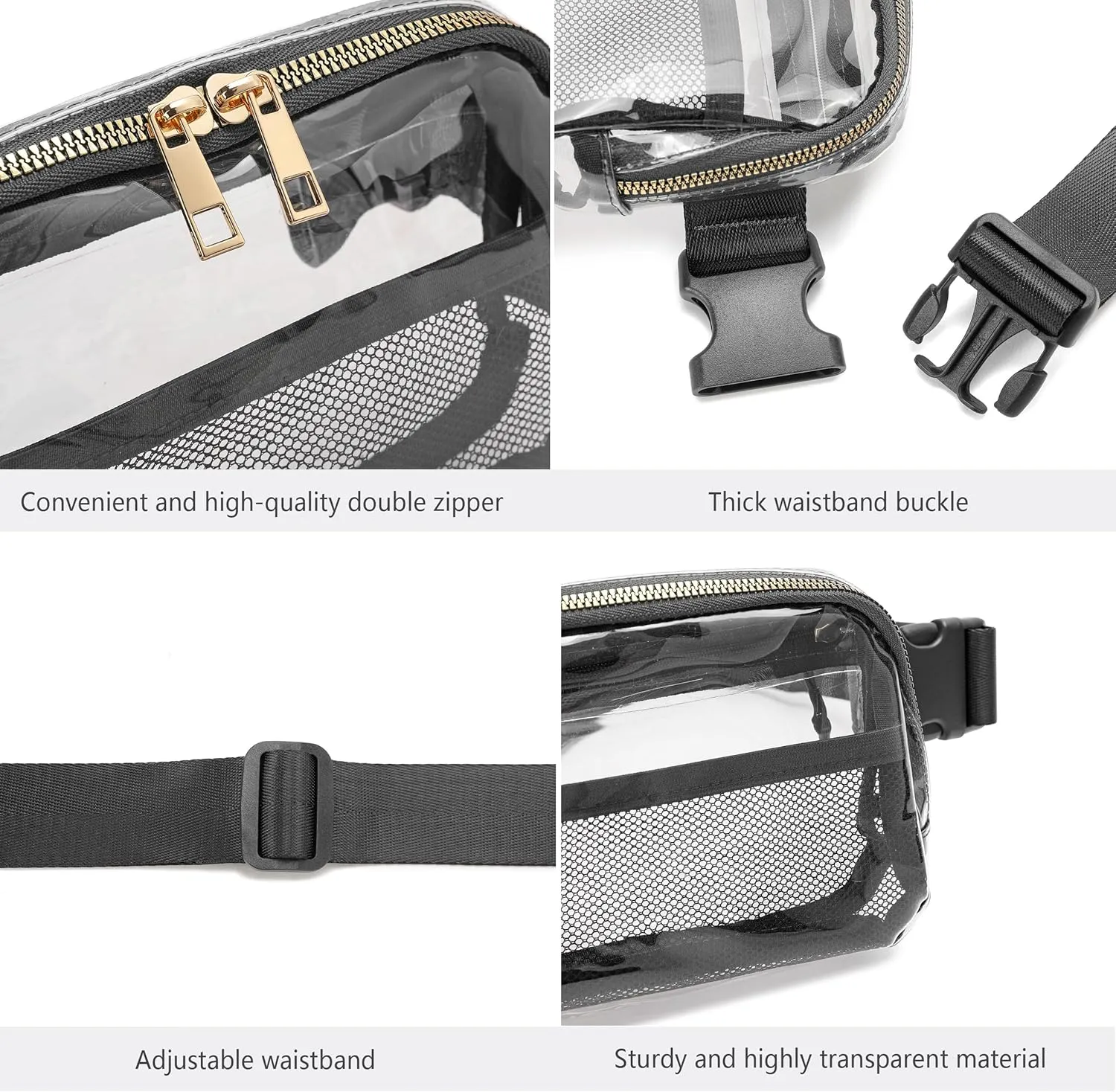 Clear Belt Bag Stadium Approved for Women Men With Adjustable Strap - Fanny Pack Crossbody Waist Bag for Concerts, Sports, Travelling, Hiking, Running (Black)