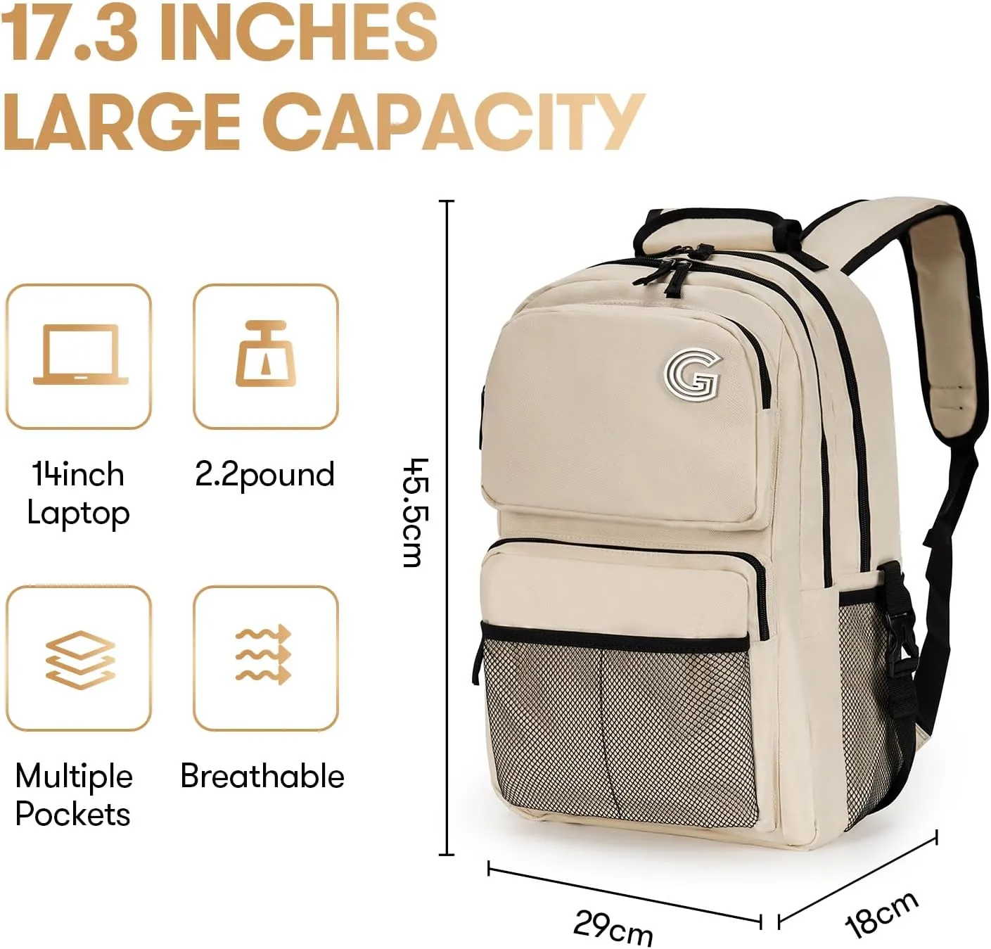 College Laptop Backpack, 17 inch Carry on Backpack Flight Approved. Large Capacity Design Can Accommodate ipad, Travel Clothes and Daily Books. 8 Pockets, Items Placed Randomly. Beige