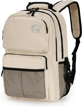 College Laptop Backpack, 17 inch Carry on Backpack Flight Approved. Large Capacity Design Can Accommodate ipad, Travel Clothes and Daily Books. 8 Pockets, Items Placed Randomly. Beige