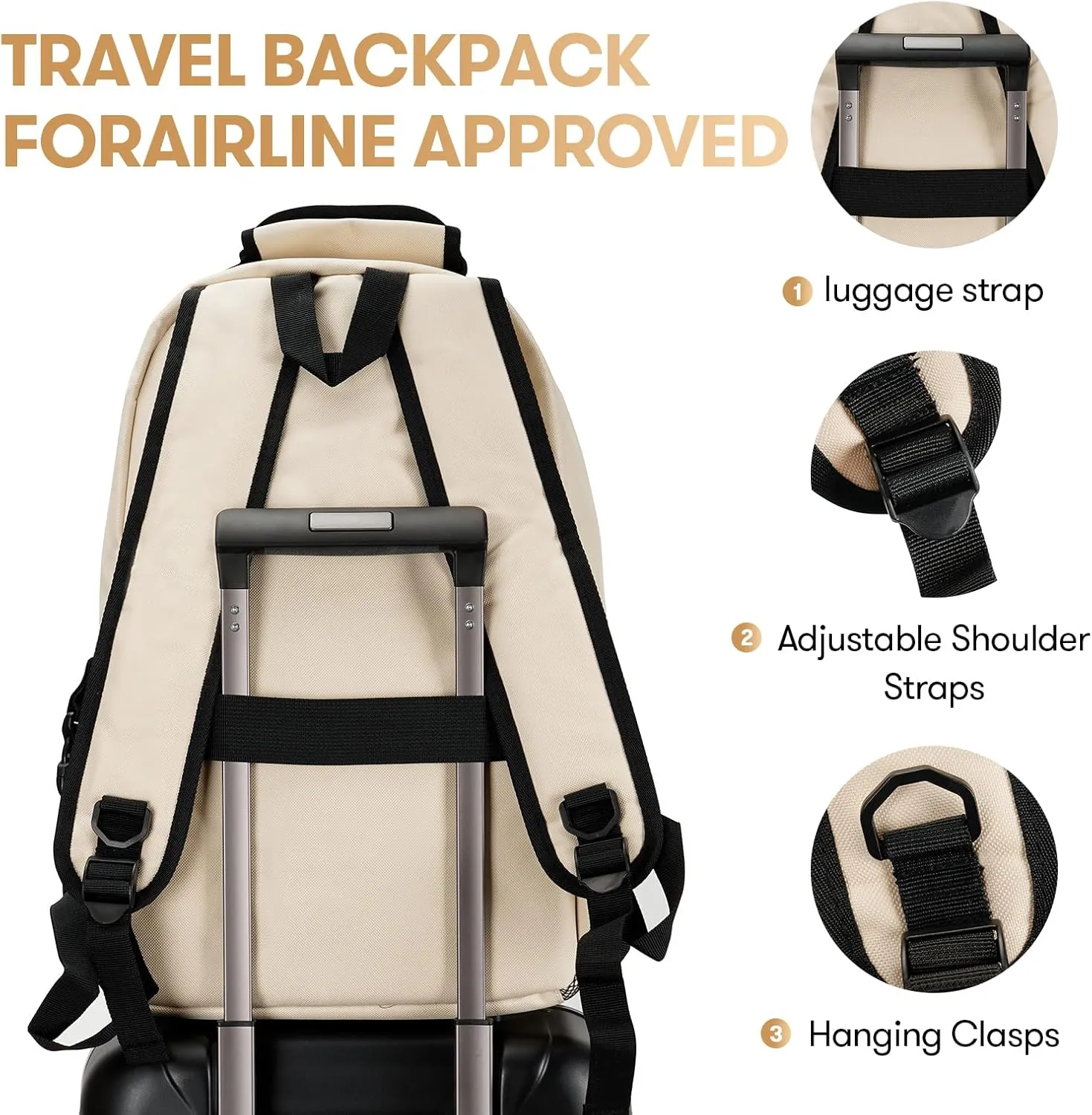 College Laptop Backpack, 17 inch Carry on Backpack Flight Approved. Large Capacity Design Can Accommodate ipad, Travel Clothes and Daily Books. 8 Pockets, Items Placed Randomly. Beige