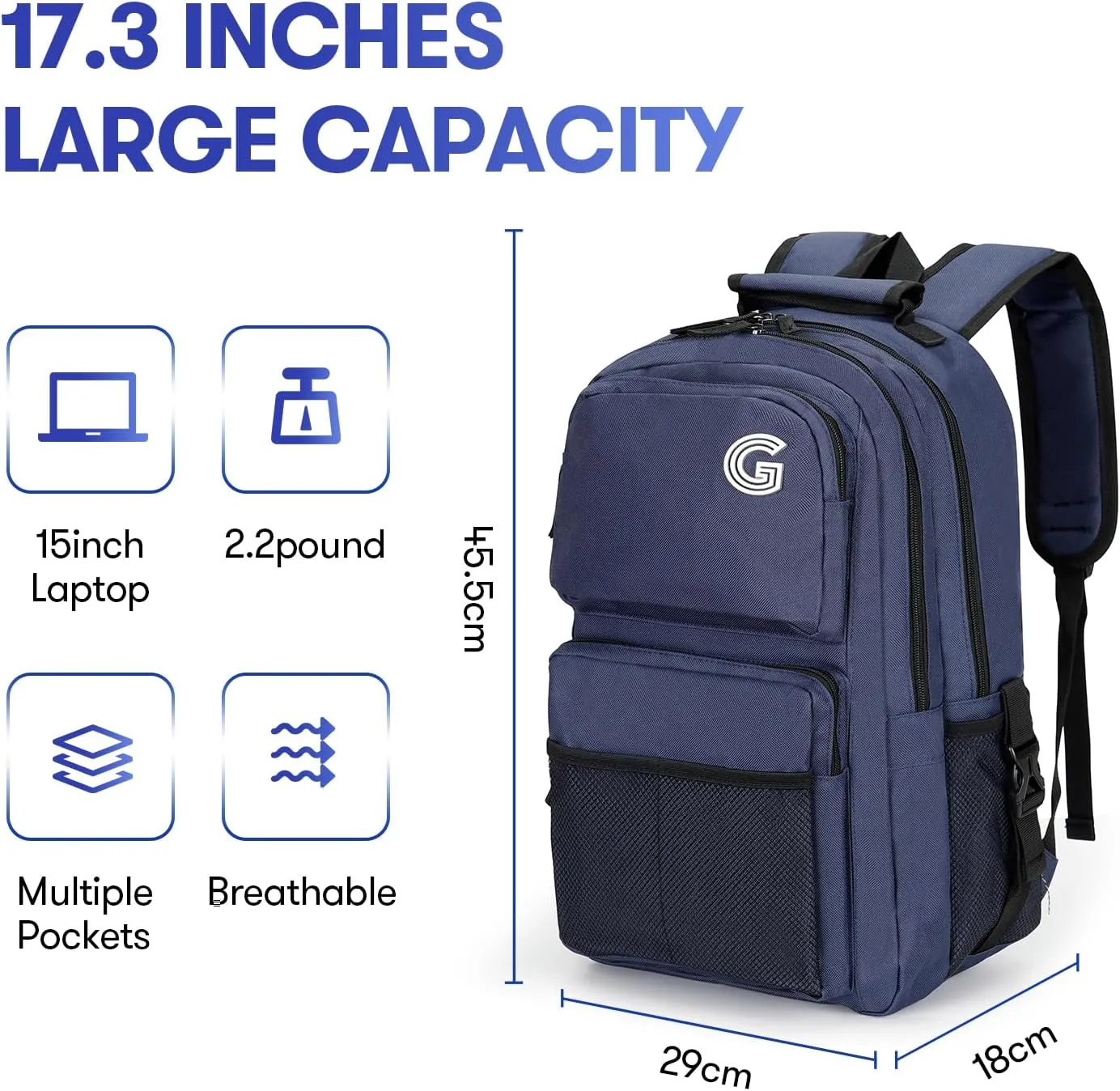 College Laptop Backpack, 17 inch Carry on Backpack Flight Approved. Large Capacity Design Can Accommodate ipad, Travel Clothes and Daily Books. 8 Pockets, Items Placed Randomly. Blue