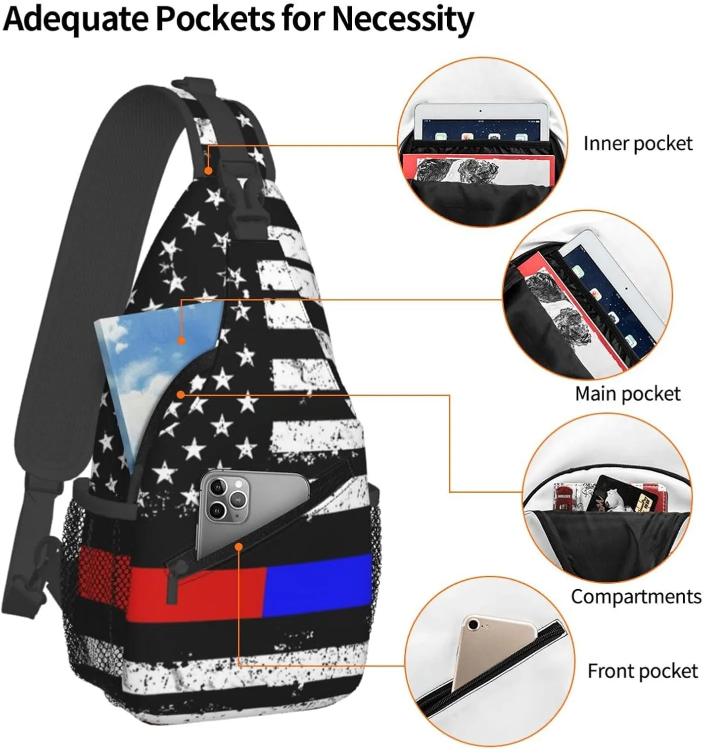 Cute American Flag Sling Backpack, Multipurpose Crossbody Shoulder Bag USA Flag Travel Hiking Daypack for Men Women