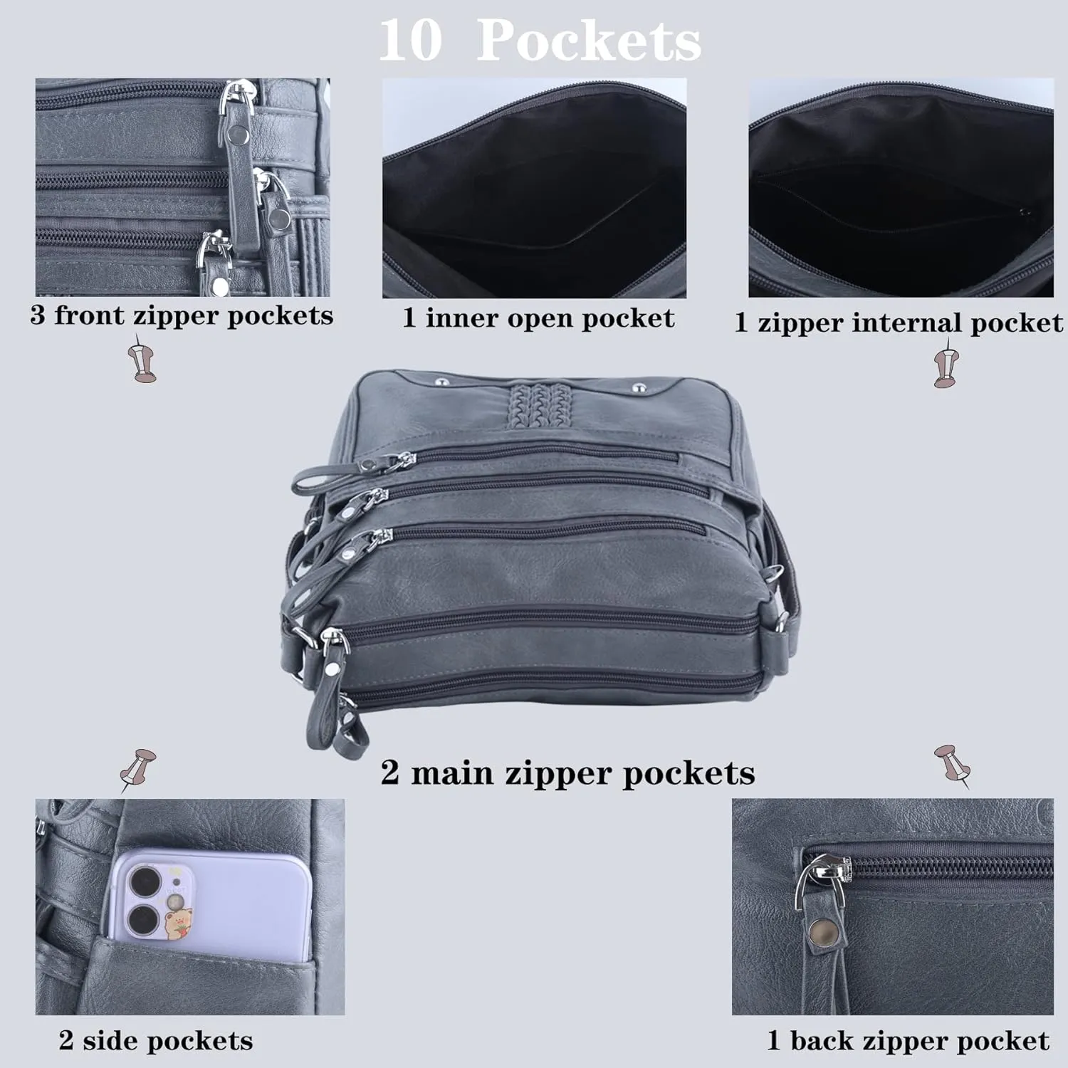 ELDA 10 Pockets Crossbody Purse for Women Medium Pocketbooks Ladies Soft PU Leather Shoulder Bag Ladies Top Handle Satchel