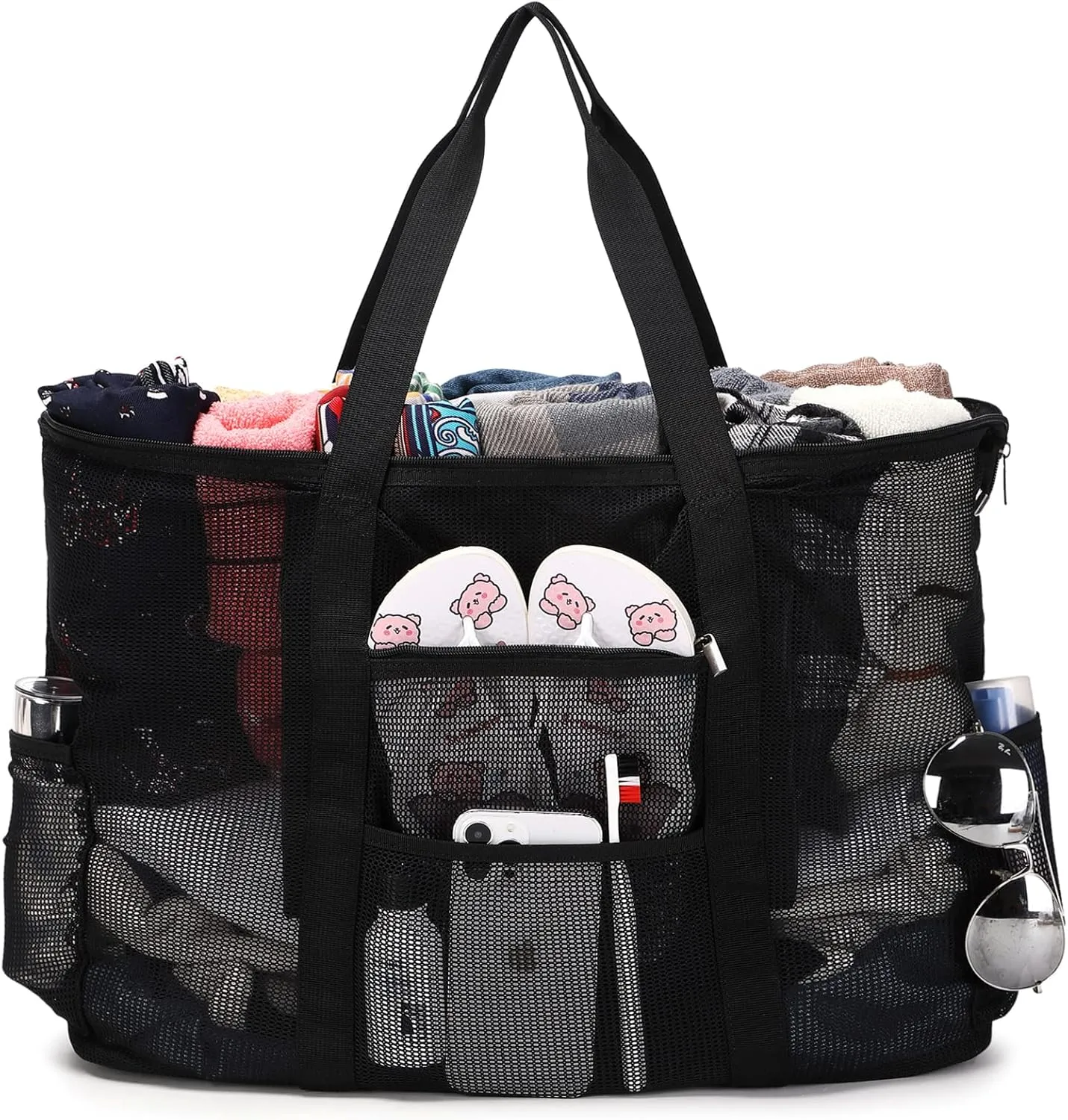 Eslcorri Mesh Beach Tote - Extra Large Beach Bag with 11 Pockets Foldable Tote Bag Women Oversized Pool Bag Travel Essentials