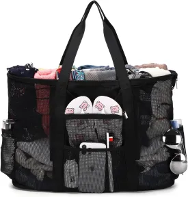 Eslcorri Mesh Beach Tote - Extra Large Beach Bag with 11 Pockets Foldable Tote Bag Women Oversized Pool Bag Travel Essentials