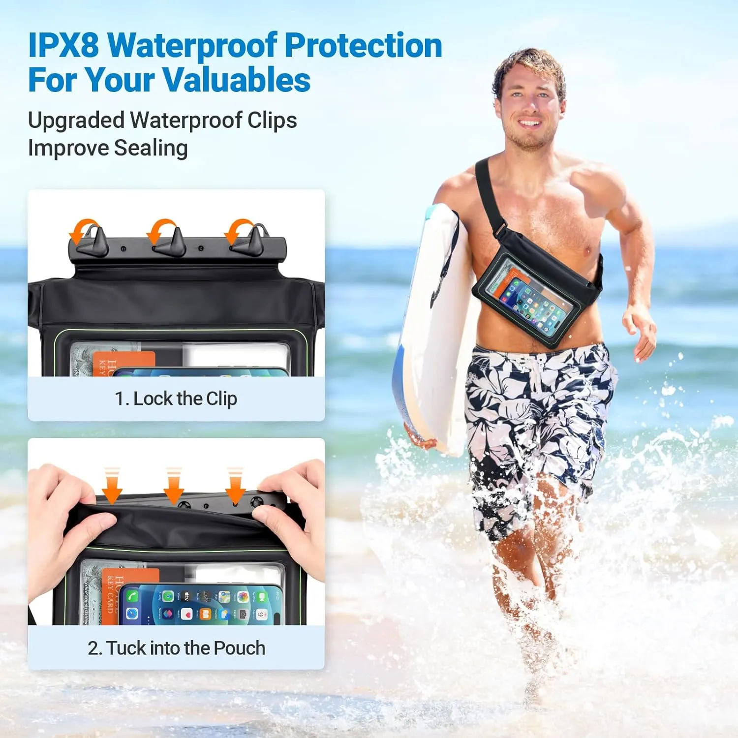 F-color Waterproof Fanny Pack Floating - Waterproof Pouch with 35oz Buoyancy - Cruise Essentials Must Haves Fanny Pack Keep Phone Valuables Safe for Kayaking Beach, 2 Pack