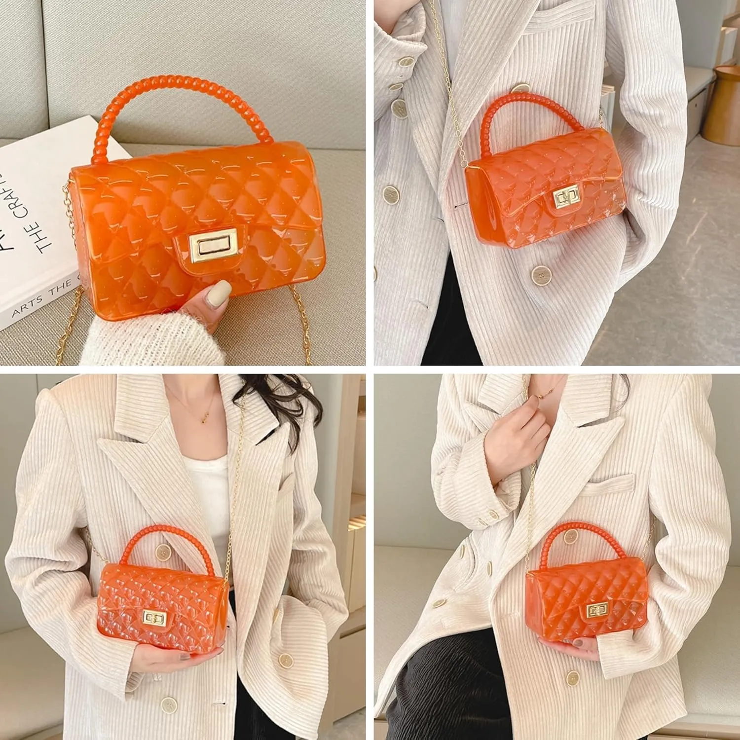 Fashion Candy Color Jelly Crossbody Bag for Women Girls Transparent Satchel Shoulder Handbag with Beaded Top Handle
