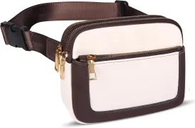 Geestock Fanny Packs for Women, Trendy Vegan Leather Belt Bag, Waterproof Everywhere Crossbody Waist Bag with Adjustable Strap for Outdoors/Travel/Running/Sports, White & Brown