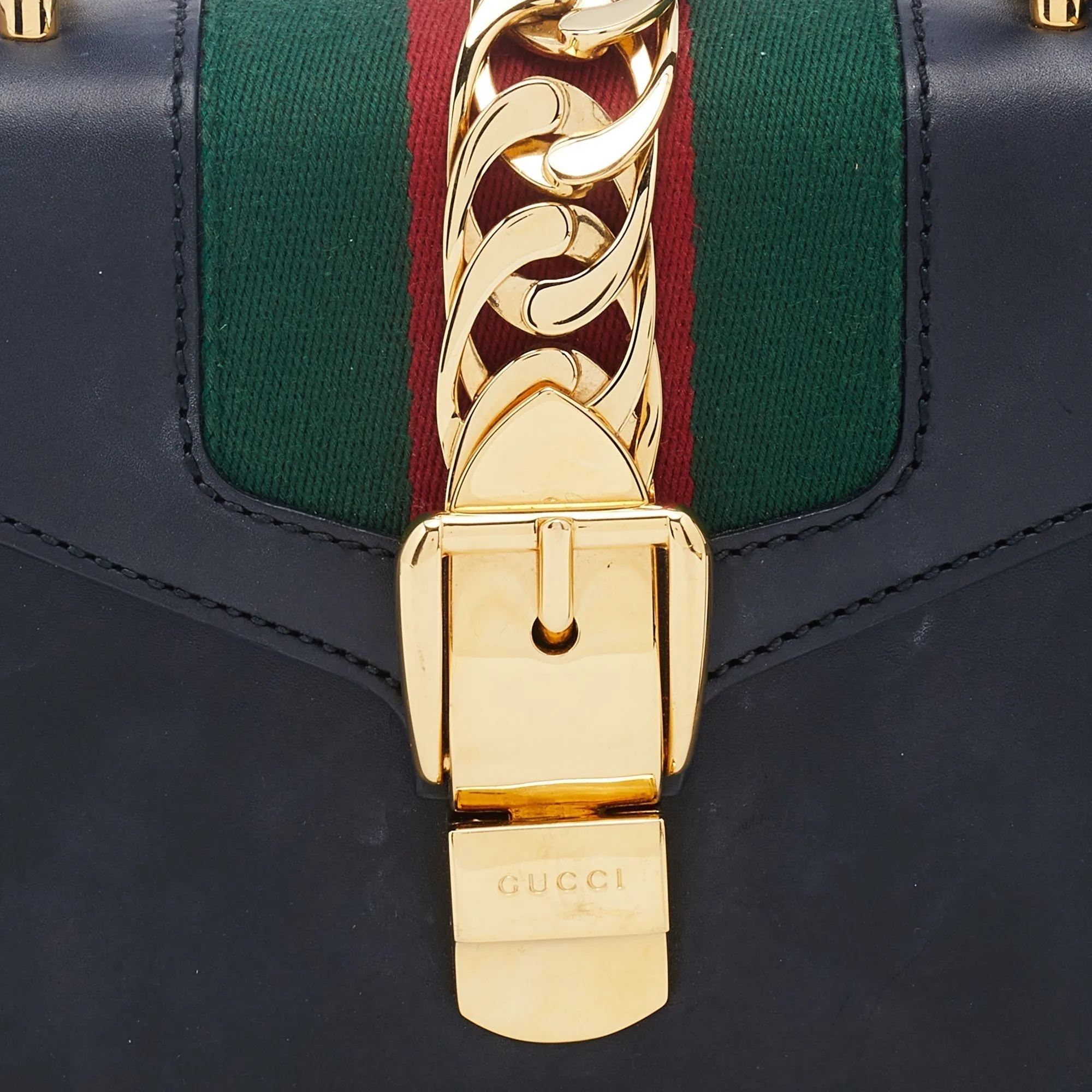 Gucci Black Leather Mini Web Chain Sylvie Top Handle Bag