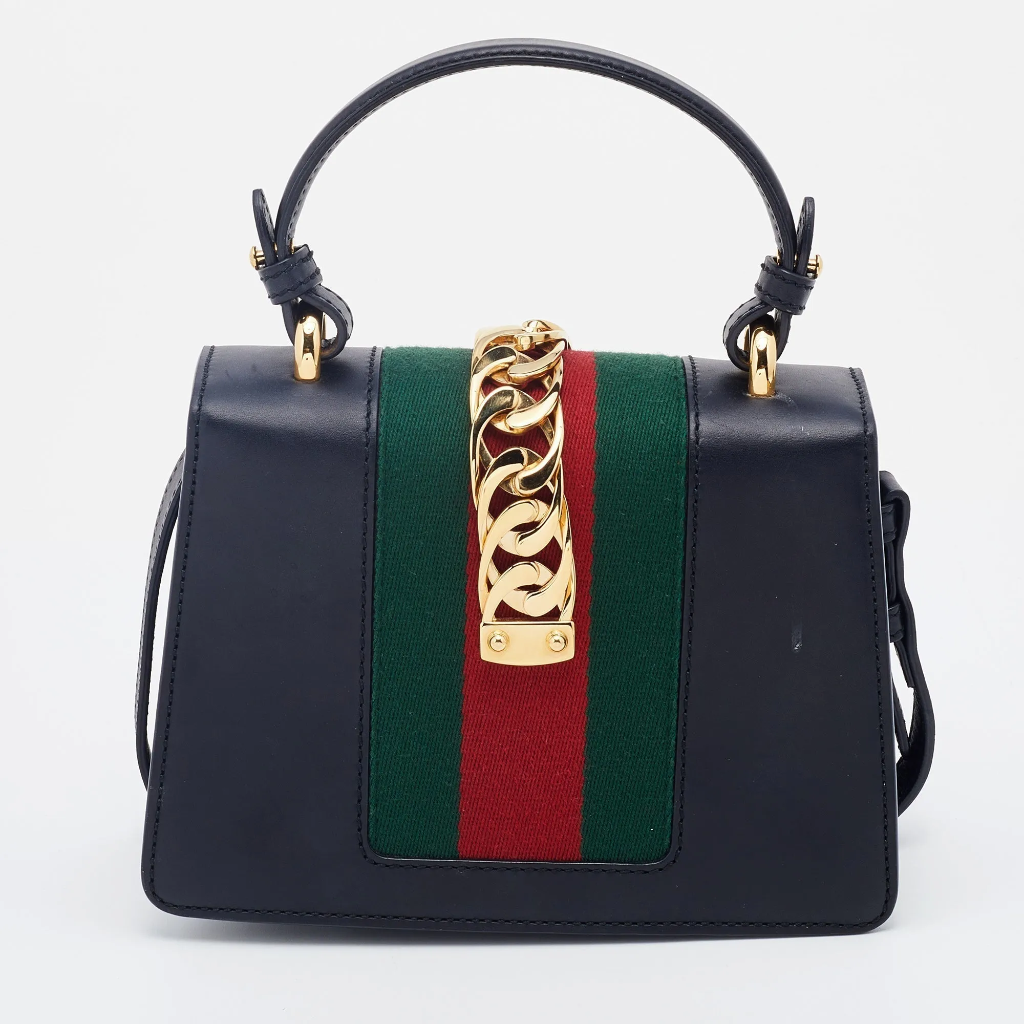 Gucci Black Leather Mini Web Chain Sylvie Top Handle Bag