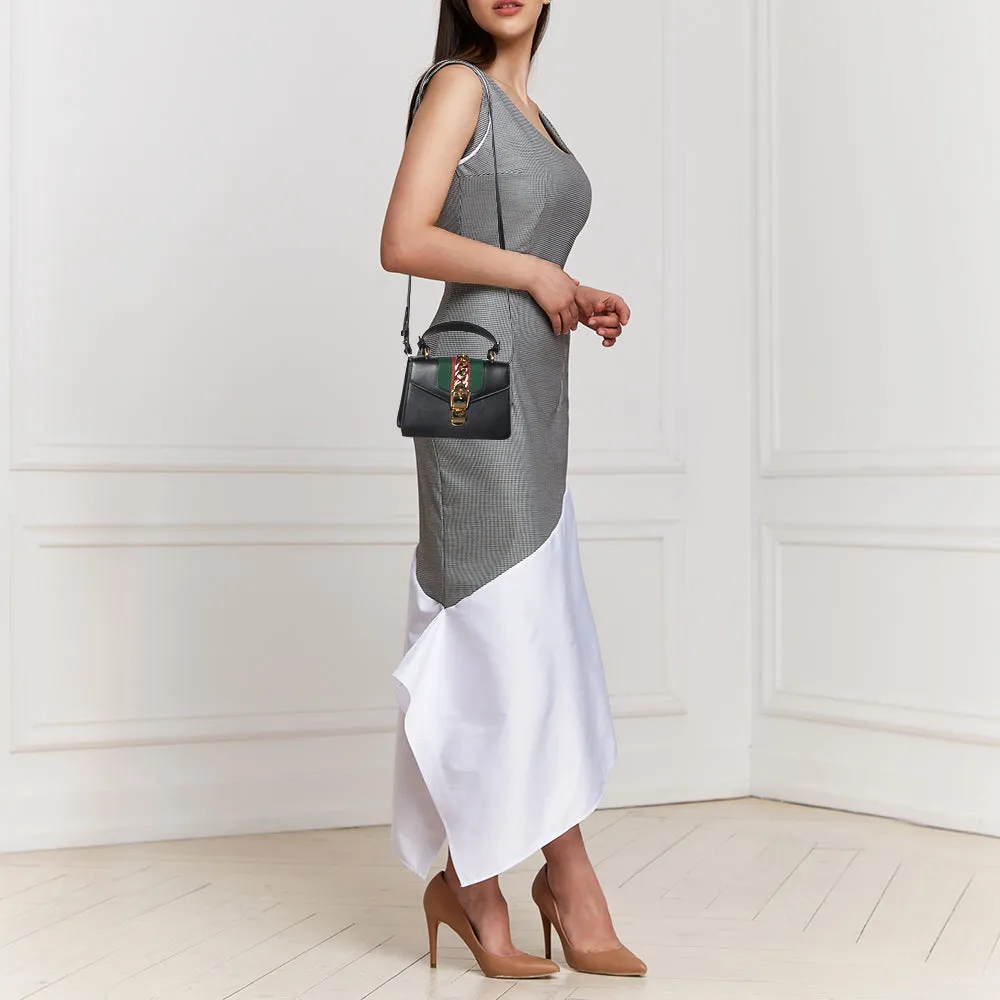 Gucci Black Leather Mini Web Chain Sylvie Top Handle Bag