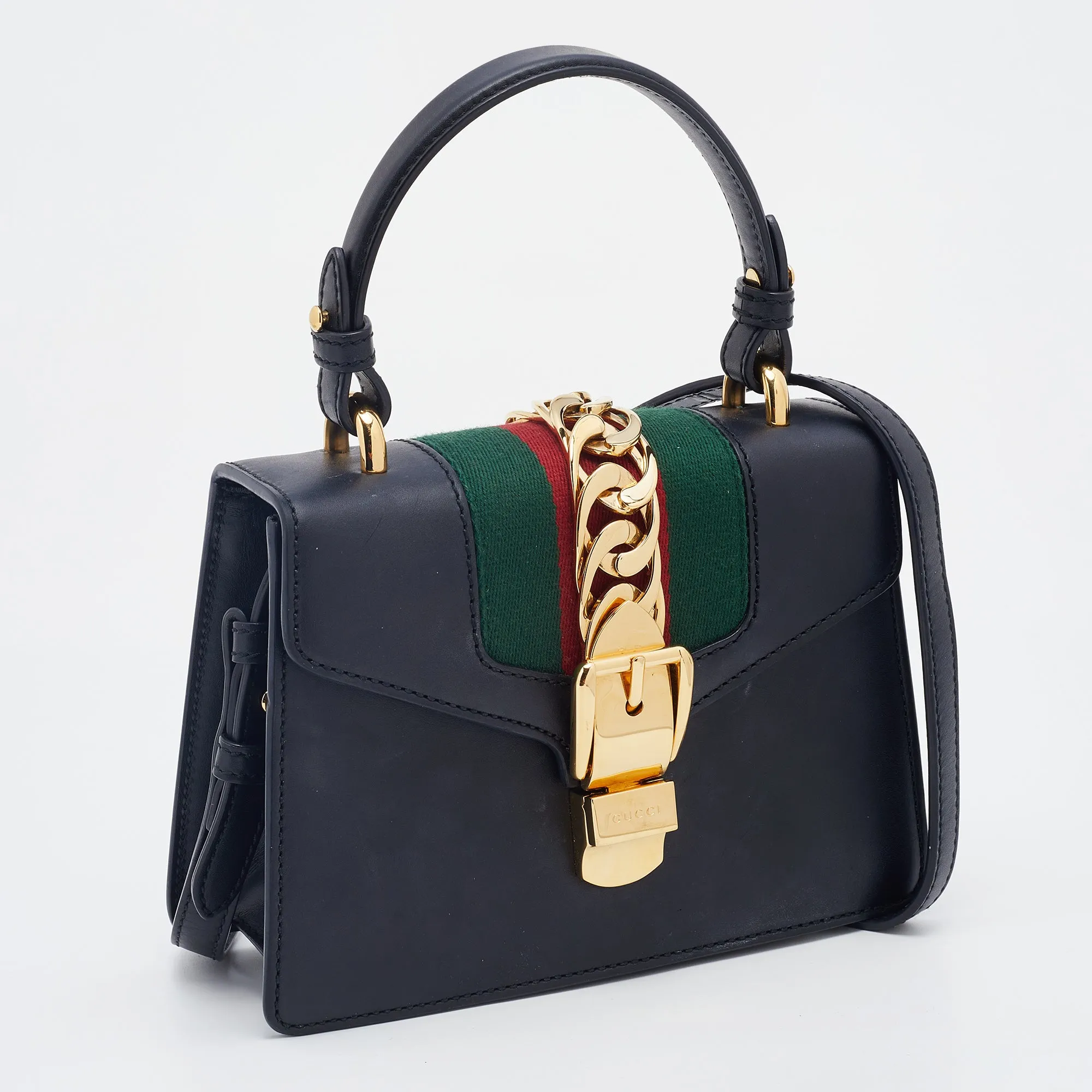 Gucci Black Leather Mini Web Chain Sylvie Top Handle Bag
