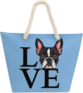 I Love Boston Terriers Beach Bag Large Tote Bags Shopping Travel Gym Handbags with Rope Handles